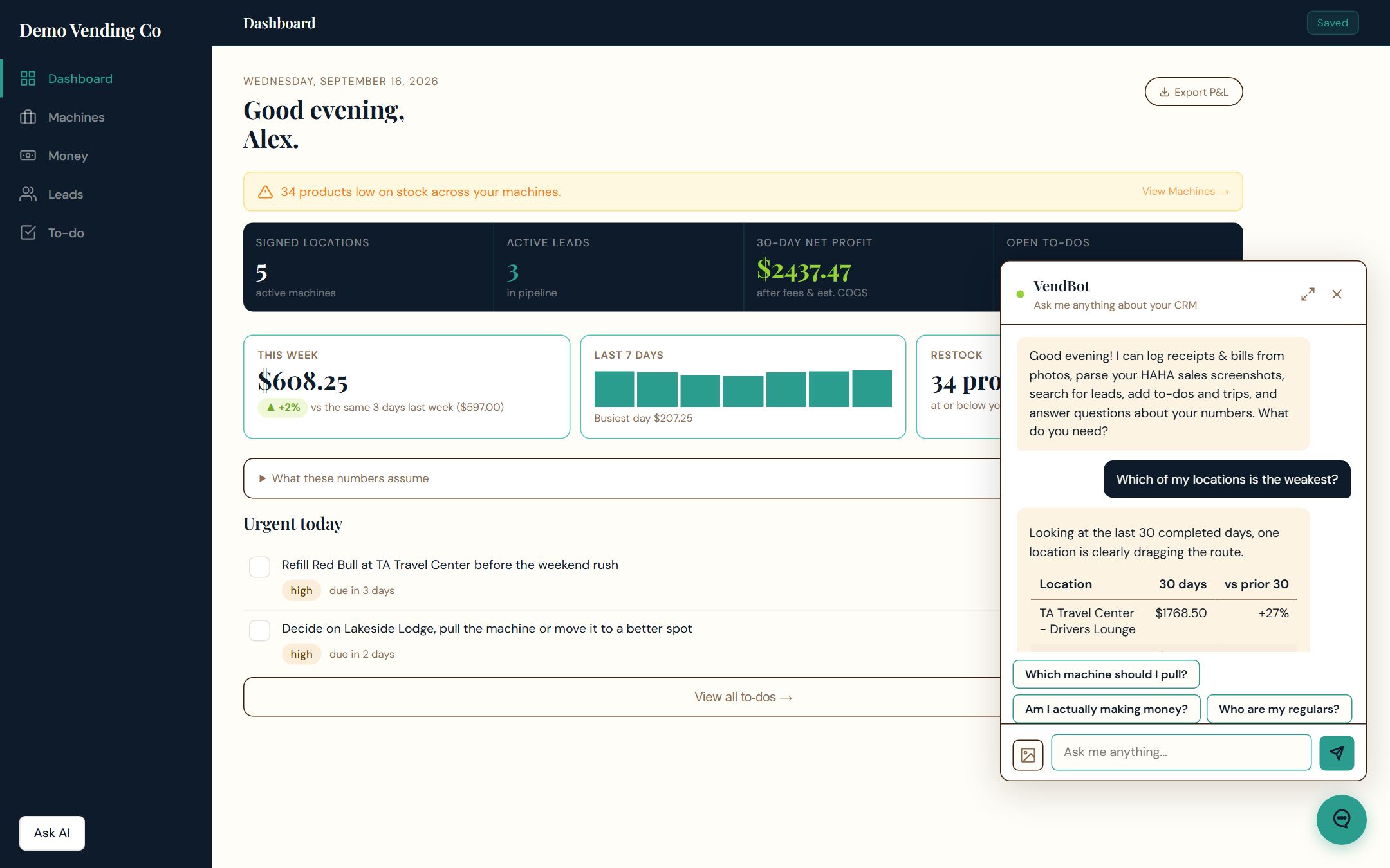 VENDBase AI assistant answering which location is weakest from the operator's live numbers