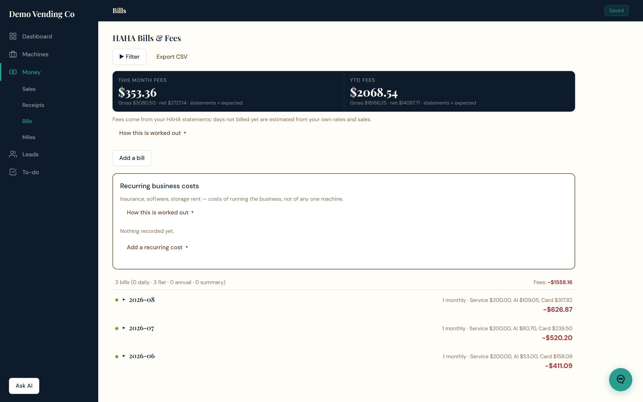 VENDBase HAHA bills and fees: statements read as line items, settled months folded, estimates marked