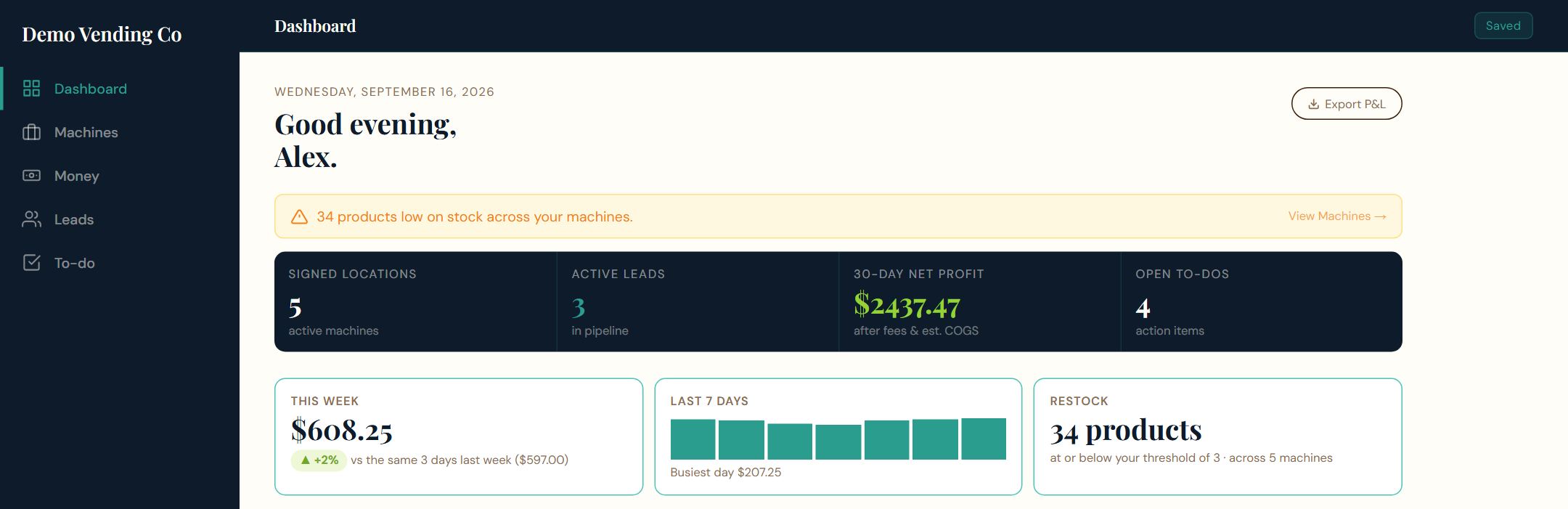 VENDBase dashboard for HAHA and Qingo operators: this week against last week, last 7 days, restock, and 30-day net profit